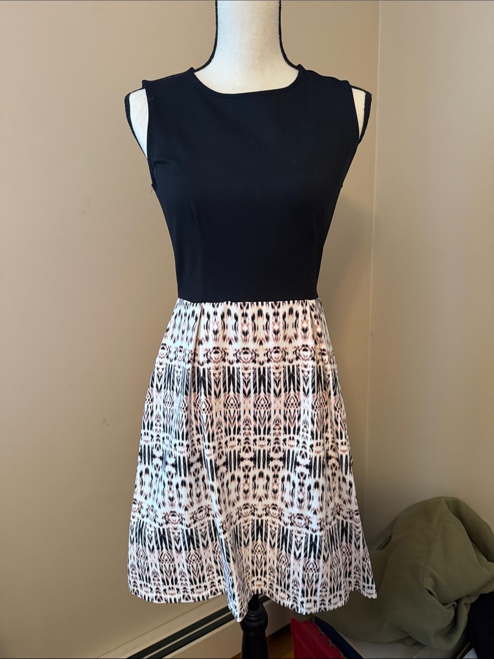 Black Sleeveless Fit-and-Flare Dress with Patterned Skirt